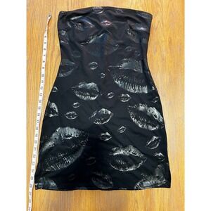 Y2K Hot Kiss Black Silver Foil Lip Print Strapless Bodycon Mini Tube Dress M